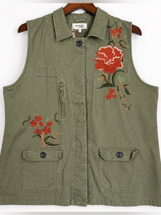 Charlotte Russe Jackets & Blazers - Charlotte Russe Floral Embroidered Utility Vest L Olive Green Y2K